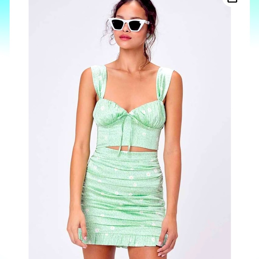 For Love and Lemons Green Floral Satin Mini Skirt